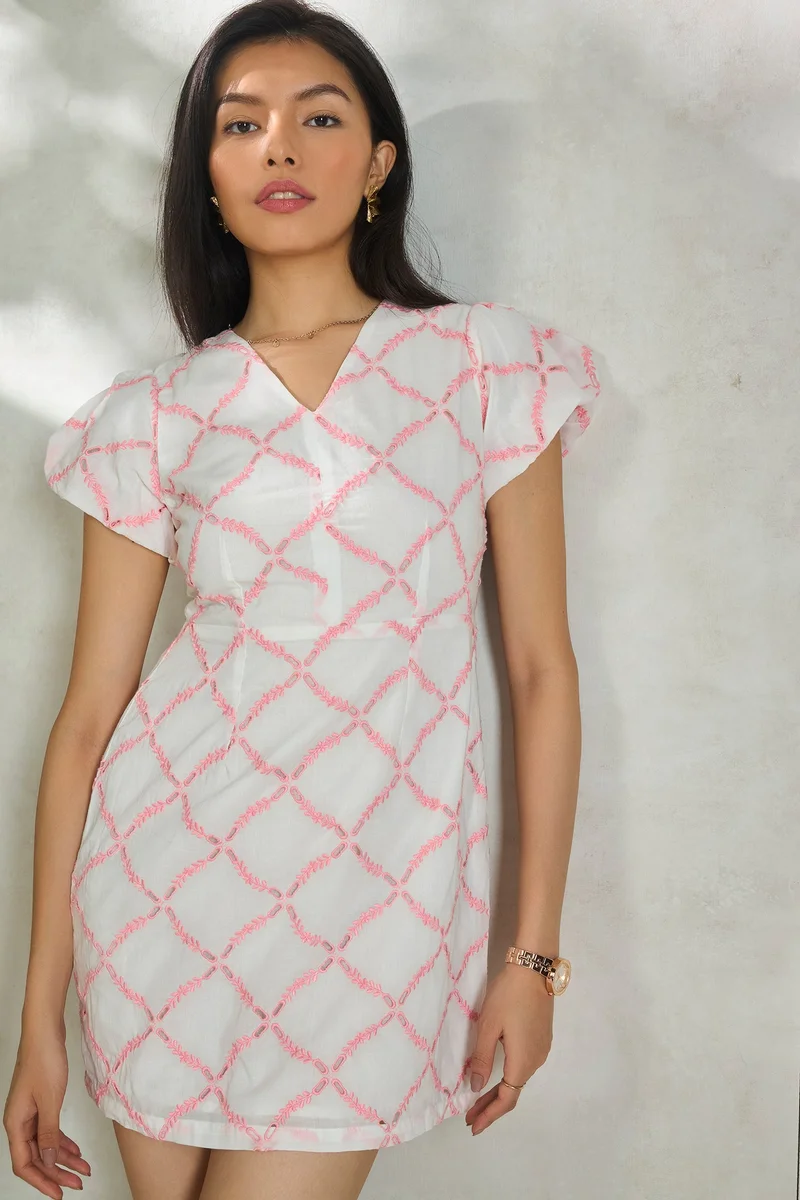 Virgio Embroidered Cotton Schiffli Mini Dress With V-Neck for Women