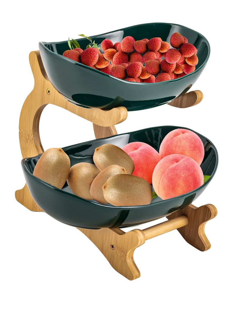 Bukela 2 Tier Fruit Bowl for Kitchen Counter Ceramic Fruit Basket with Bamboo Wooden Frame Green Tiered Fruit Rack for Fruit Vegetable Storage(2 Tier Green) - Image 1