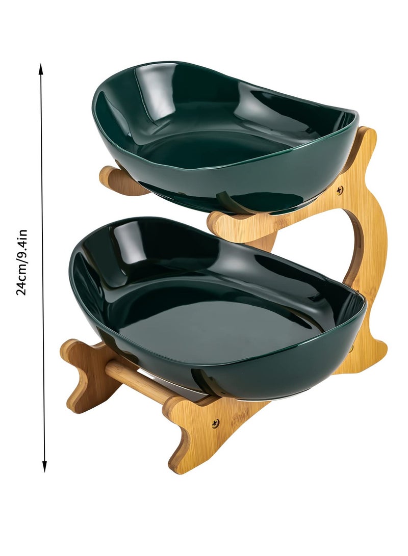 Bukela 2 Tier Fruit Bowl for Kitchen Counter Ceramic Fruit Basket with Bamboo Wooden Frame Green Tiered Fruit Rack for Fruit Vegetable Storage(2 Tier Green) - Image 4