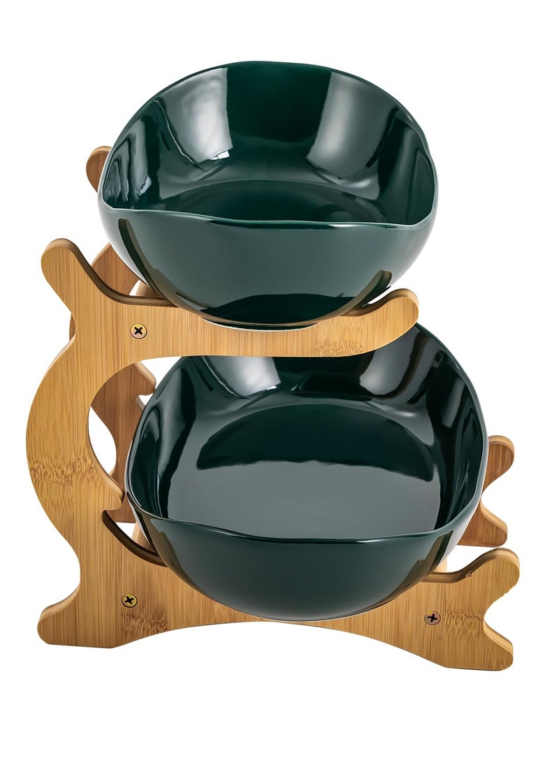 Bukela 2 Tier Fruit Bowl for Kitchen Counter Ceramic Fruit Basket with Bamboo Wooden Frame Green Tiered Fruit Rack for Fruit Vegetable Storage(2 Tier Green) - Image 5