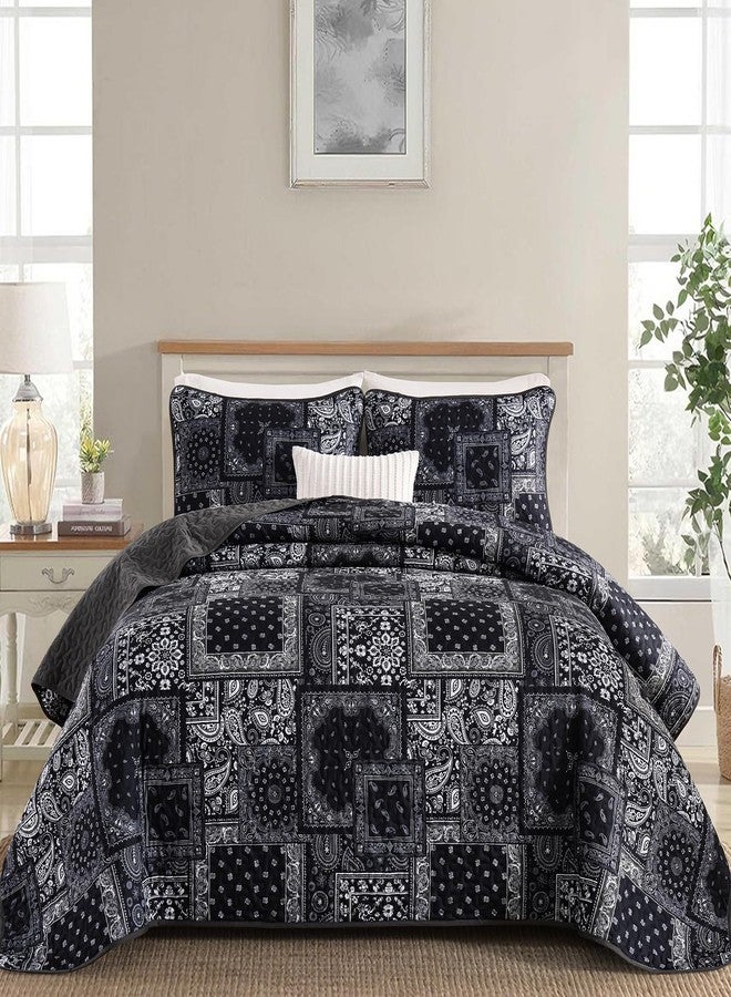 Cottolester Boho Patchwork Quilt Set King Size,Black Grey Bedspread,Paisley Floral Bedding Set Soft Microfiber Quilt with 2 Pillow Shams 110"x90" - Image 1