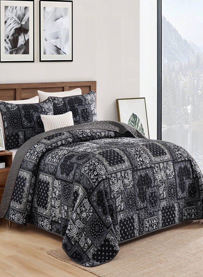 Cottolester Boho Patchwork Quilt Set King Size,Black Grey Bedspread,Paisley Floral Bedding Set Soft Microfiber Quilt with 2 Pillow Shams 110"x90" - Image 2