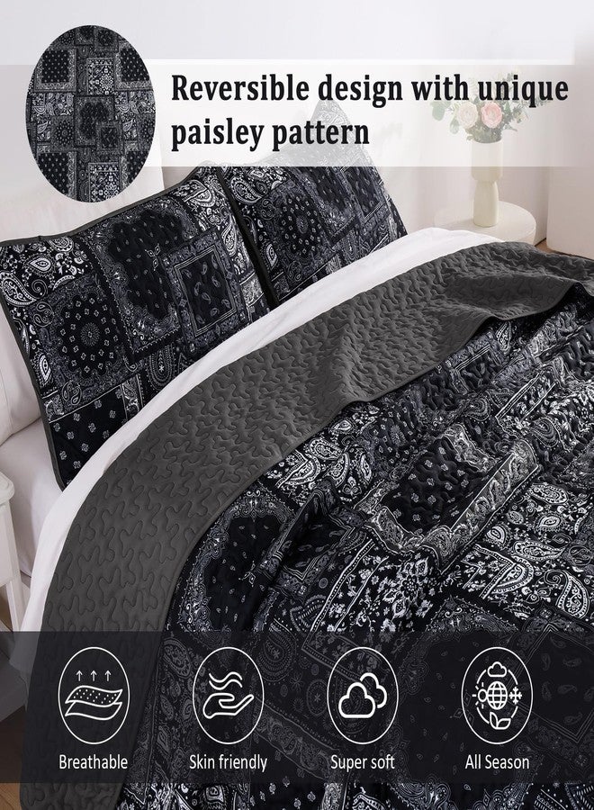 Cottolester Boho Patchwork Quilt Set King Size,Black Grey Bedspread,Paisley Floral Bedding Set Soft Microfiber Quilt with 2 Pillow Shams 110"x90" - Image 3