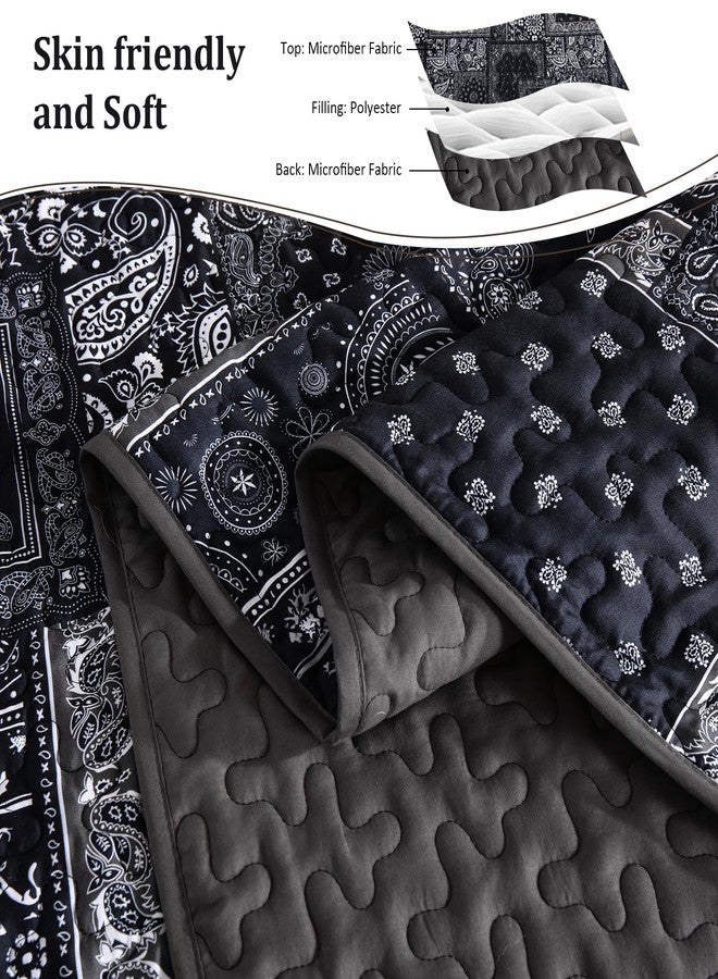Cottolester Boho Patchwork Quilt Set King Size,Black Grey Bedspread,Paisley Floral Bedding Set Soft Microfiber Quilt with 2 Pillow Shams 110"x90" - Image 4