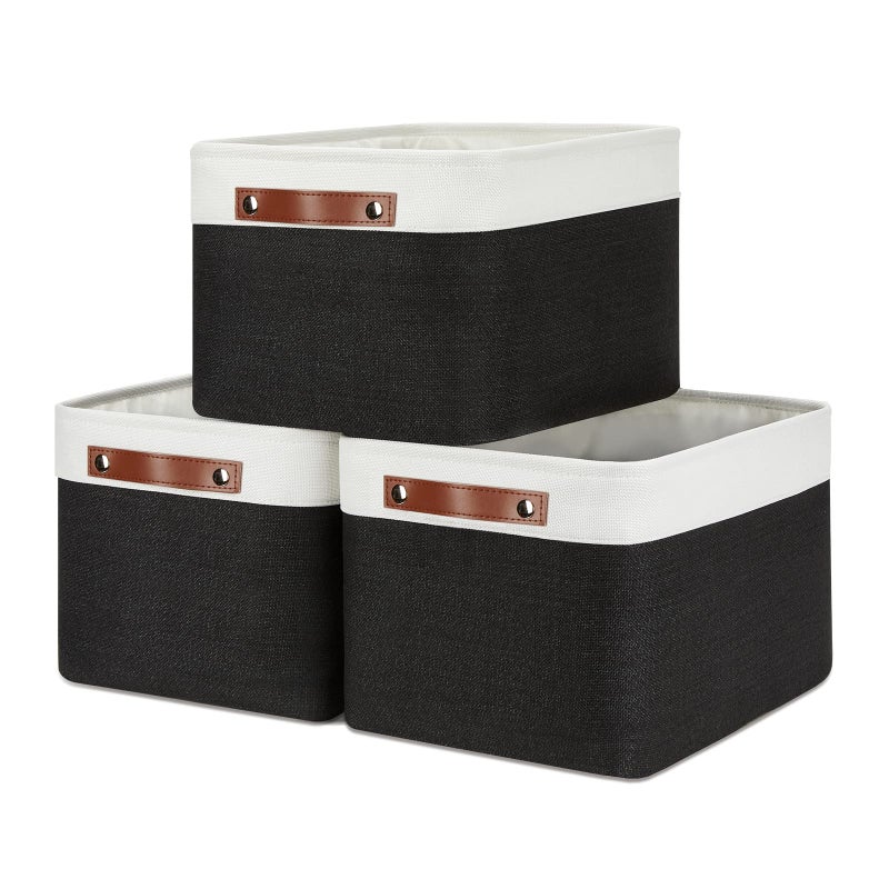 DULLEMELO Canvas Storage Bin with Handles Fabric Bins for Shelves Bedroom OfficeNurseryFabric Storage Baskets for Toys ClothesGift3Pack Medium15 inch X 11 inch X 95 inch  WhiteBlack
