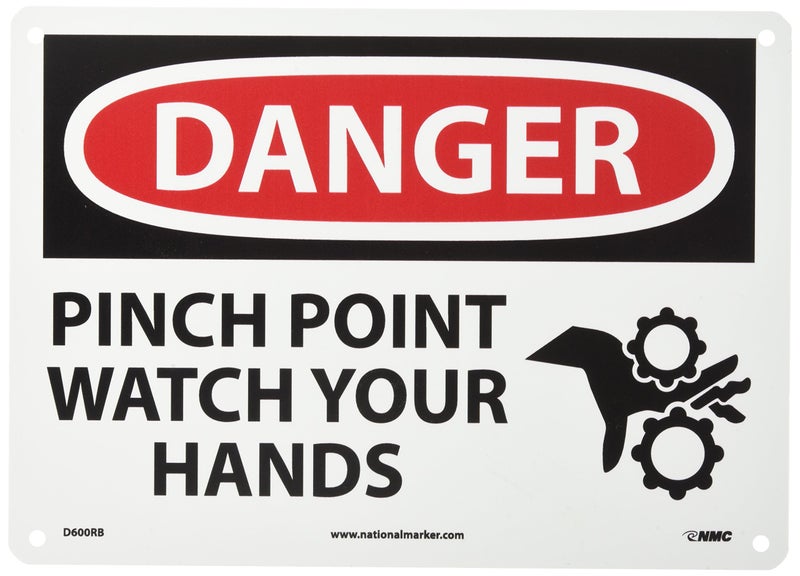 NMC D600RB OSHA Sign Legend DANGER PINCH POINT WATCH YOUR HANDS with Graphic 14 Length x 10 Height Rigid Plastic BlackRed on White 10 x 14