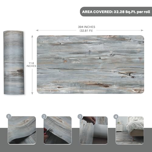 auxua Wood Grain Peel and Stick Floor Tiles – 11.8” Width, Full Roll Length of 394" – Versatile Design for Any Space, Sunwashed Blue Self Adhesive Vinyl Flooring, Waterproof and Non-Slip Features - Image 2