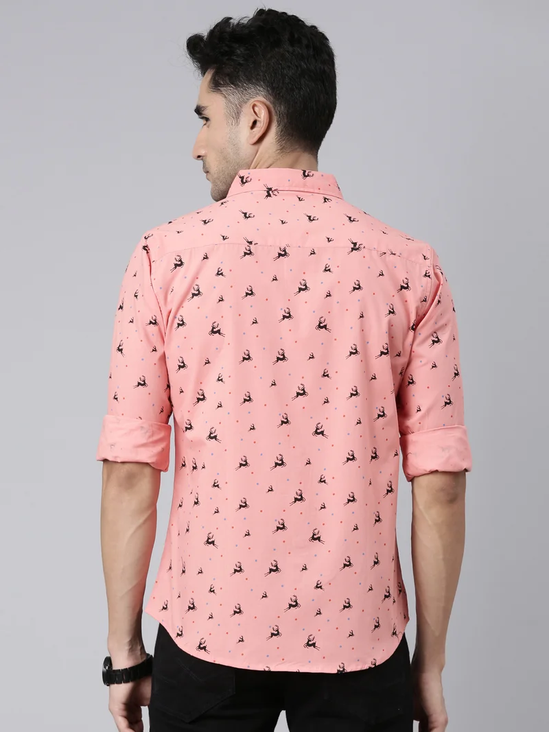 Joven Peach Printed Cotton Casual Shirt for Men