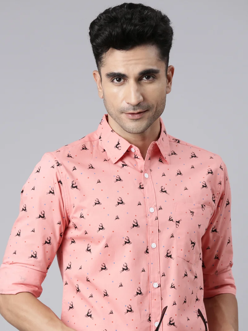Joven Peach Printed Cotton Casual Shirt for Men