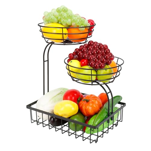 Winmien 3 Tier Countertop Fruit Vegetable Basket Bowl Storage Solid Metal Kitchen Counter Organizer for Storing Fruits Veggies Bread Snacks Black - Image 1