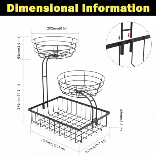 Winmien 3 Tier Countertop Fruit Vegetable Basket Bowl Storage Solid Metal Kitchen Counter Organizer for Storing Fruits Veggies Bread Snacks Black - Image 3