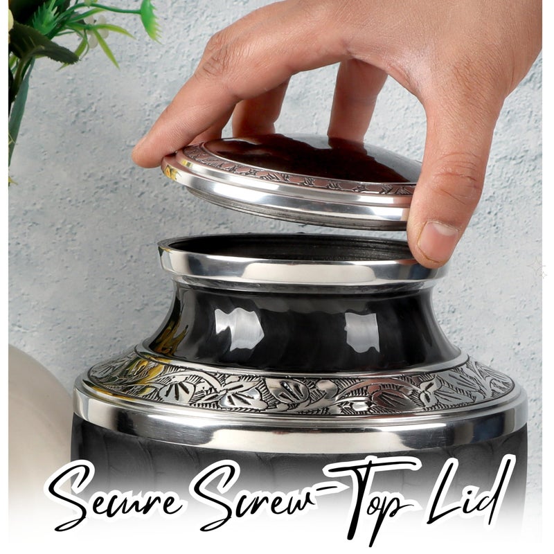 CLEENTABLE Handcrafted Metal Urn for Ashes Adult Male & Female - Cremation Urns for Human Adult - Decorative Funeral Urn - Secure Screw-Top Lid, Holds Up to 200 lbs 10" (Black & Silver) - Image 5