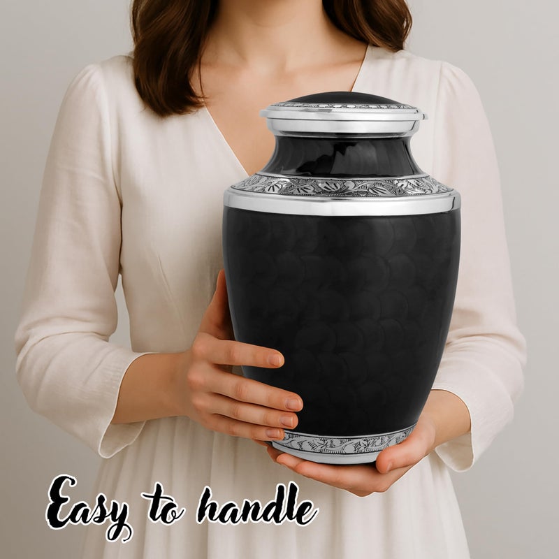 CLEENTABLE Handcrafted Metal Urn for Ashes Adult Male & Female - Cremation Urns for Human Adult - Decorative Funeral Urn - Secure Screw-Top Lid, Holds Up to 200 lbs 10" (Black & Silver) - Image 4