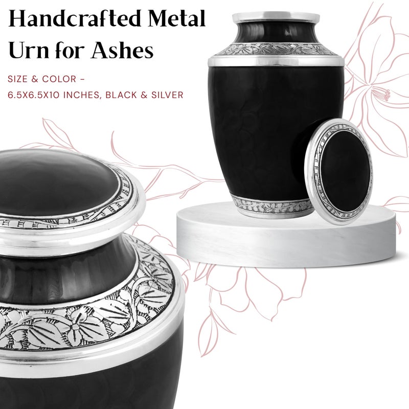 CLEENTABLE Handcrafted Metal Urn for Ashes Adult Male & Female - Cremation Urns for Human Adult - Decorative Funeral Urn - Secure Screw-Top Lid, Holds Up to 200 lbs 10" (Black & Silver) - Image 2