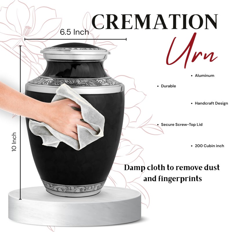 CLEENTABLE Handcrafted Metal Urn for Ashes Adult Male & Female - Cremation Urns for Human Adult - Decorative Funeral Urn - Secure Screw-Top Lid, Holds Up to 200 lbs 10" (Black & Silver) - Image 3