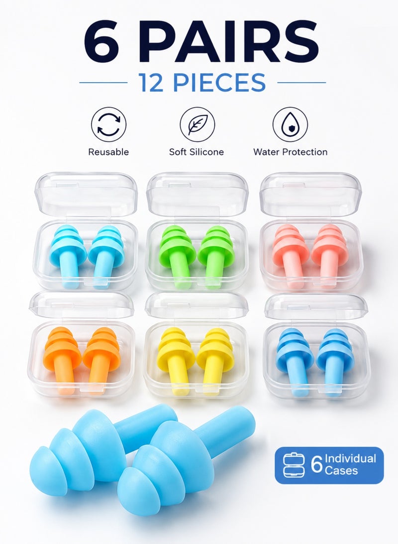SYOSI 6 Pairs Reusable Silicone Swimming Earplugs, 12 Pieces Soft Triple-Flange Ear Plugs with 6 Individual Storage Cases, Washable Water Protection and Noise Reduction Earplugs for Swimming, Sleeping, Travel and Study - Image 1