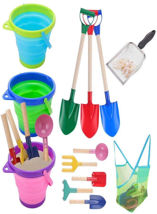 Hoemwarm 13 Pack Beach Bucket Shovels Toys for Kids,Collapsible Beach Sand Toys Beach Pails and Shovels Set for Toddlers Kids Sand Bucket and Mesh Shovels with Mesh Bag Travel Beach Toys Kit Age 3-10 - Image 1