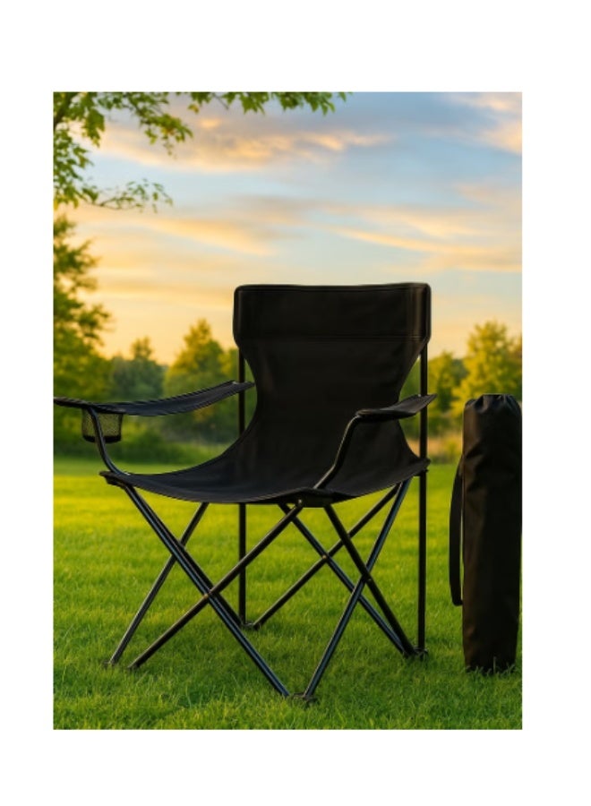 Foldable camping chair with armrests and cup holder, fishing chair with carrying bag, lightweight and portable, ideal for beach trips and travel. - Image 1