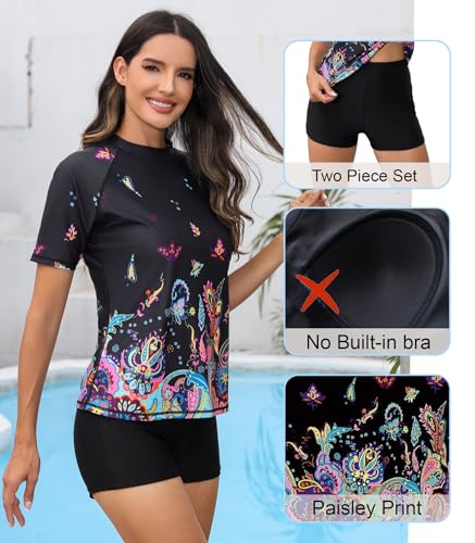 Halcurt Women Two Piece Rash Guard Set SPF Swimsuits Boyleg Shorts Black Paisley XL - Image 3