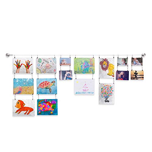 Wallniture Barre Wire Picture Hangers for Kids Crafts and Artwork, Expandable 196 Inch Wall Decor with 24 Clips Set, Silver - Image 1
