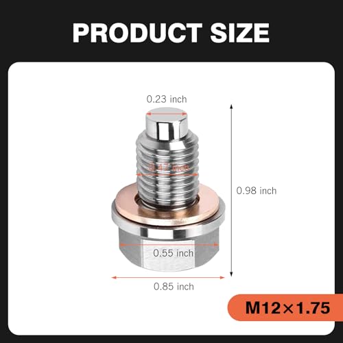 Damwot M12 x 175 Magnetic Oil Drain Plug Magnetic Stainless Steel Oil Pan Drain Nut Bolt with 5 PCS Copper Crush Washer Anti Leakage Universal Leakproof ReplacementFits Most Cars Motorcycles Boats - Image 3