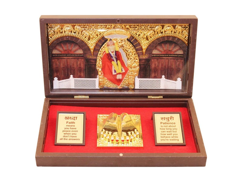GoldGiftIdeas 24K Gold Plated Sai Baba Photo Frame with Charan Paduka Box Return Gifts for Pooja Sai Ram Frame for Home Temple - Image 1