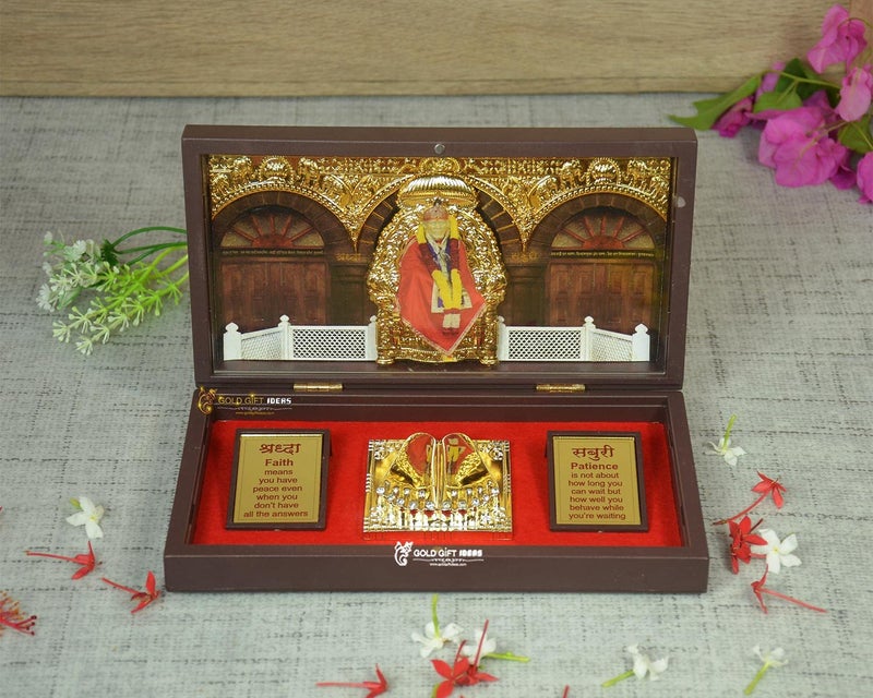 GoldGiftIdeas 24K Gold Plated Sai Baba Photo Frame with Charan Paduka Box Return Gifts for Pooja Sai Ram Frame for Home Temple - Image 4