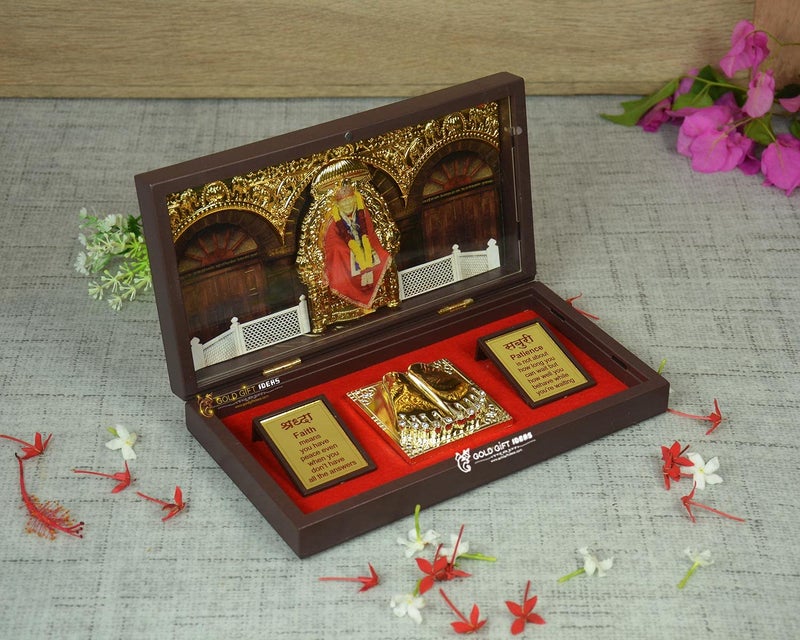 GoldGiftIdeas 24K Gold Plated Sai Baba Photo Frame with Charan Paduka Box Return Gifts for Pooja Sai Ram Frame for Home Temple - Image 5