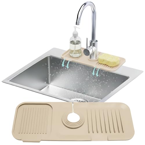 Linda's Essentials 14.6” Silicone Faucet Mat For Kitchen Sink, Kitchen Sink Splash Guard Behind Faucet, Kitchen Faucet Mat For Kitchen Sink, Kitchen Sink Faucet Mat Splash Guard and Sink Water Splash Guard (Beige) - Image 1
