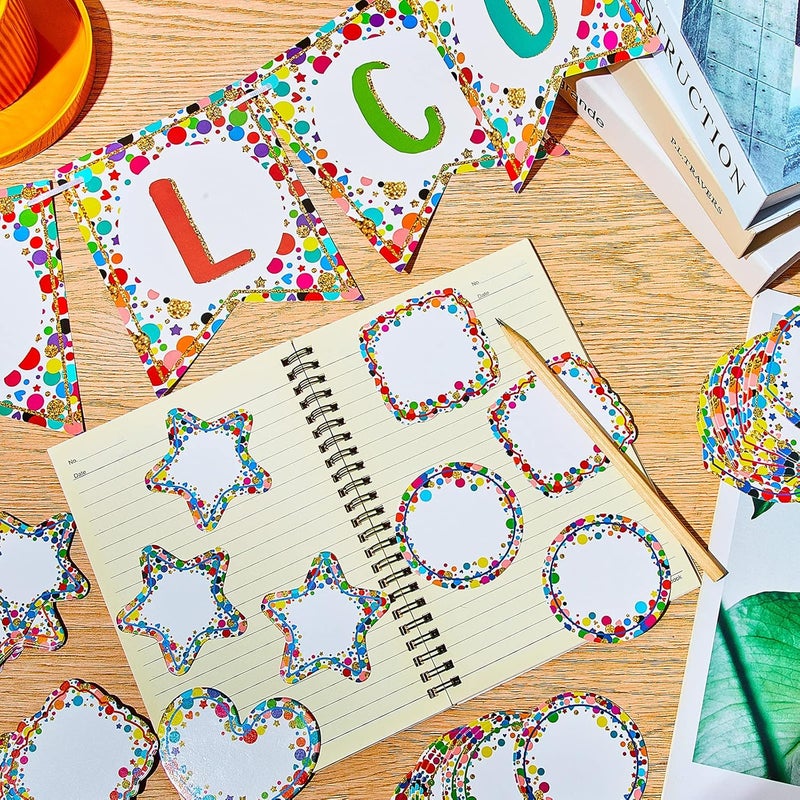 klarako 61 Pcs Mini Confetti Welcome Banners Confetti Pennants Welcome Bulletin Board Confetti Accents Pentagram Round Square Heart Confetti Cutouts with 100 Glue Point Dot for School Baby Nursery (Delicate Style) - Image 4