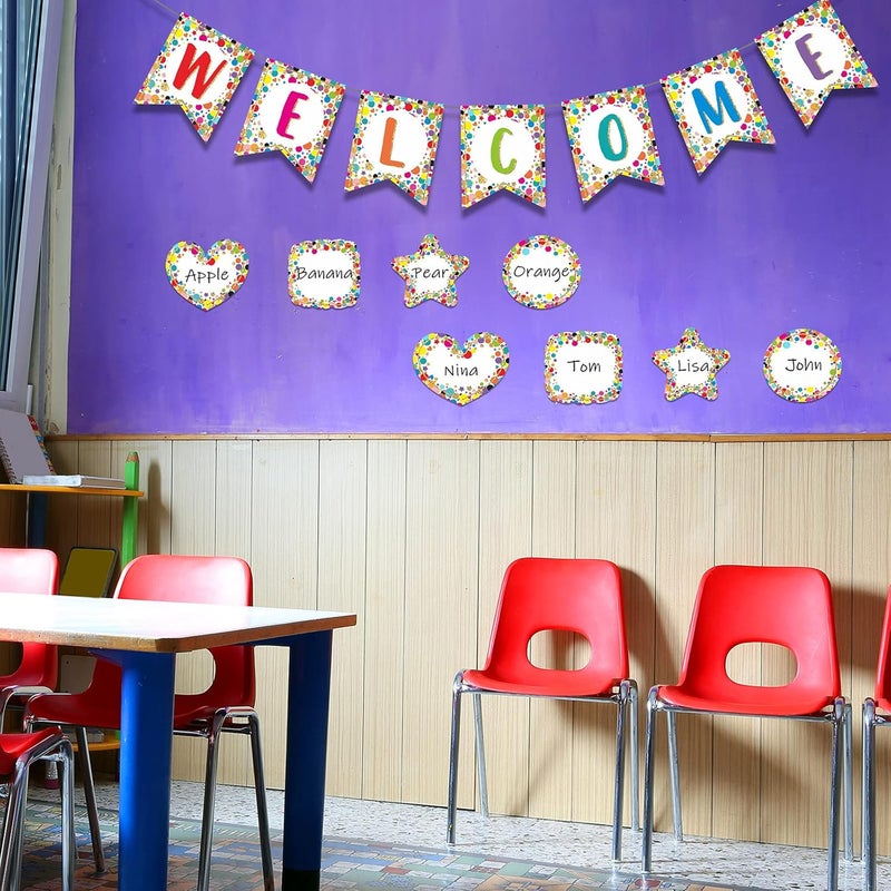 klarako 61 Pcs Mini Confetti Welcome Banners Confetti Pennants Welcome Bulletin Board Confetti Accents Pentagram Round Square Heart Confetti Cutouts with 100 Glue Point Dot for School Baby Nursery (Delicate Style) - Image 5