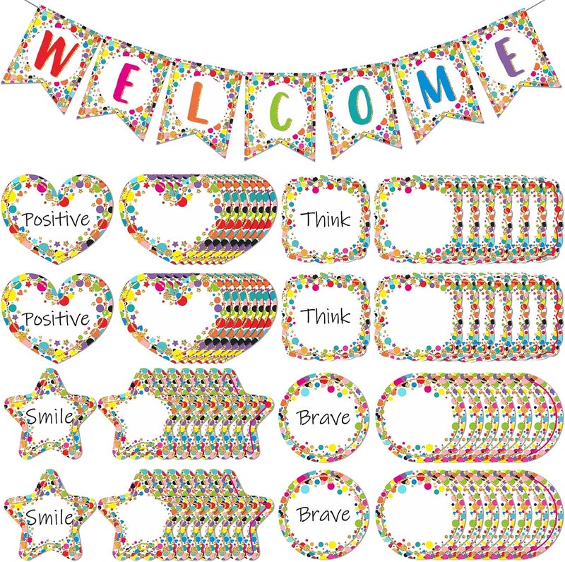 klarako 61 Pcs Mini Confetti Welcome Banners Confetti Pennants Welcome Bulletin Board Confetti Accents Pentagram Round Square Heart Confetti Cutouts with 100 Glue Point Dot for School Baby Nursery (Delicate Style) - Image 1