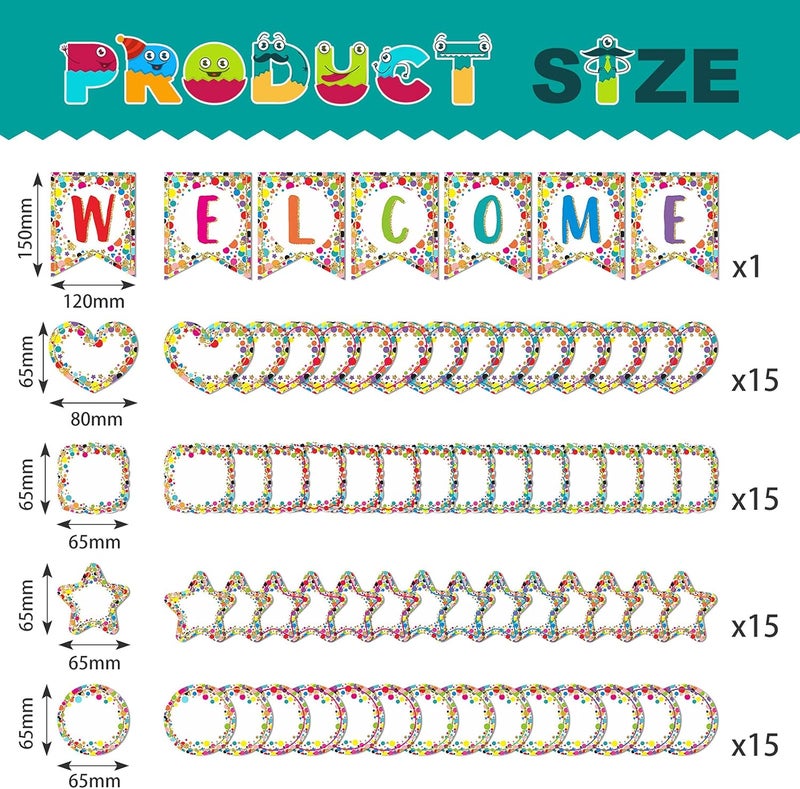 klarako 61 Pcs Mini Confetti Welcome Banners Confetti Pennants Welcome Bulletin Board Confetti Accents Pentagram Round Square Heart Confetti Cutouts with 100 Glue Point Dot for School Baby Nursery (Delicate Style) - Image 2