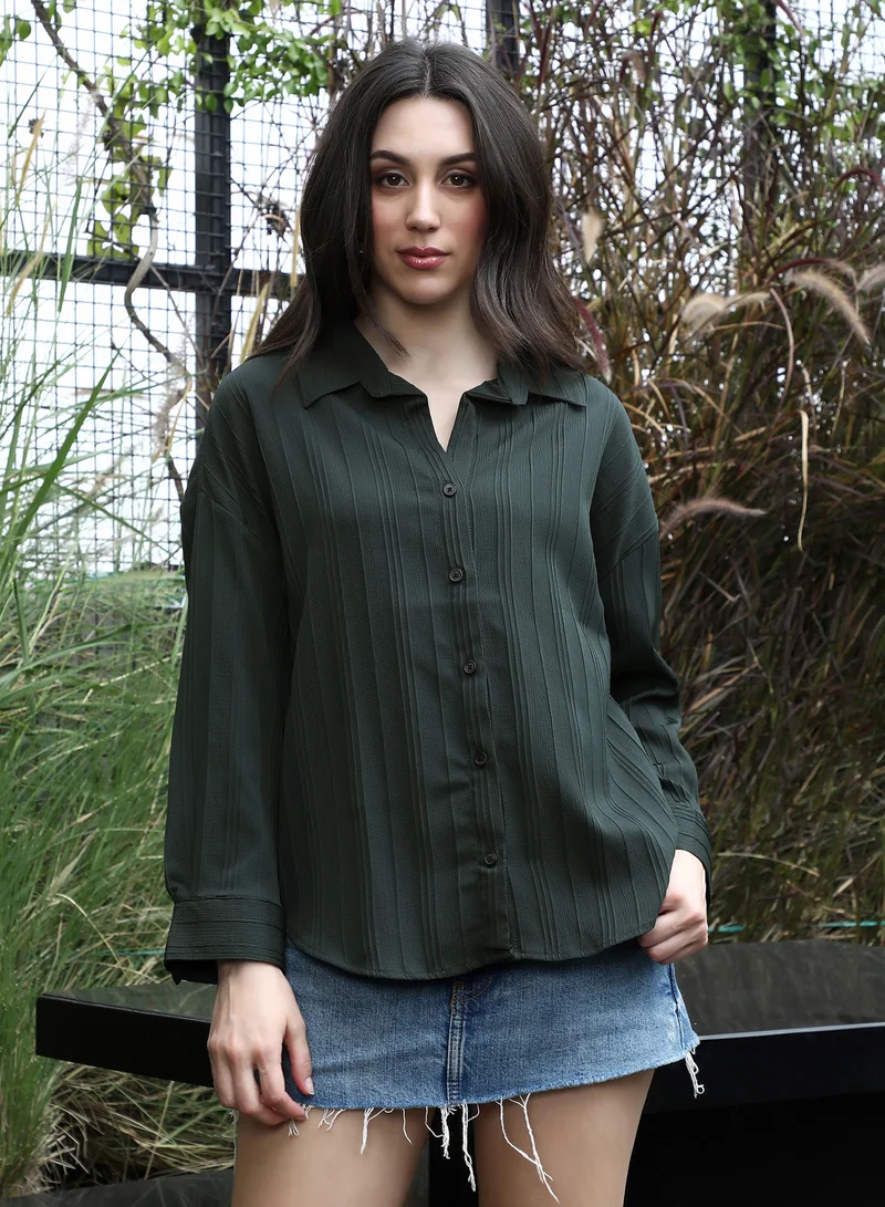 PINACOLADA Women's Lined-Tactile Oversized Shirt | Spread Collar , Long Button-Cuff Sleeves, Button Closure | Solid Textured Woven Shirt For Casual & Daily Wear | Emerald Green