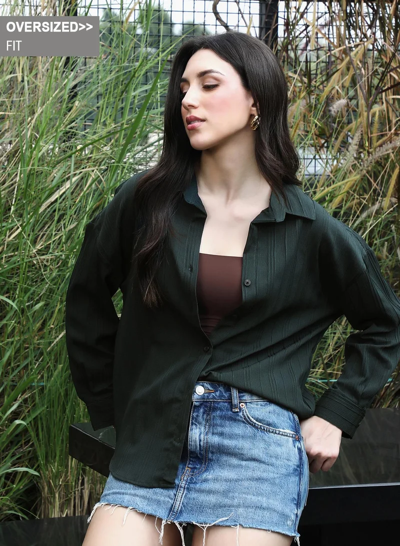 Women's Lined-Tactile Oversized Shirt | Spread Collar , Long Button-Cuff Sleeves, Button Closure | Solid Textured Woven Shirt For Casual & Daily Wear | Emerald Green