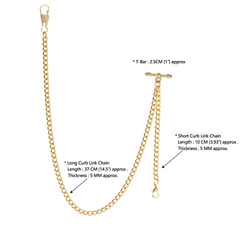 TREEWETO Pocket Watch Albert Chain T-Bar Watch Chain Link 16 inch 2 Hooks Gold Classic Antique Fob T Bar - Image 2