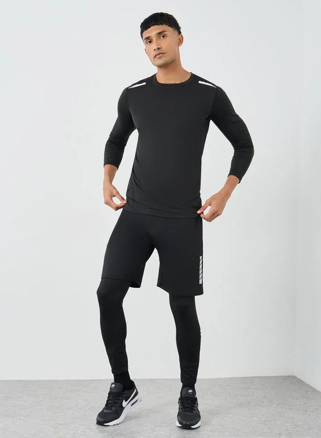 Reflective Print Muscle Fit Long Sleeve T-Shirt with 2in1 Shorts Set