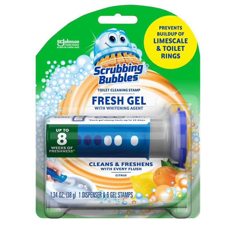 Scrubbing Bubbles Fresh Gel Toilet Bowl Cleaning Stamps, Helps Keep Toilet Clean and Helps Prevent Limescale & Rings, Citrus Scent, 1 Dispenser with 6 Fresh Gel Stamps - Image 1