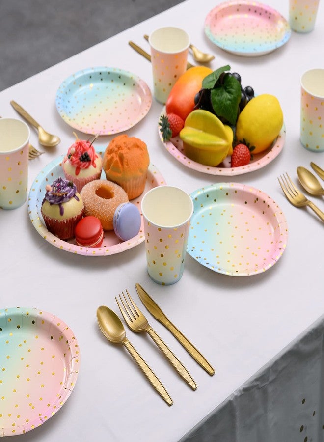 YAOSHENG 201PCS Rainbow Pastel Party Supplies Set-Disposable Paper Dinnerware Serves 25, Pastel Paper Plates Napkins Cups&Gold Plastic Silverware Sets for Wedding Birthday Baby Shower Holiday Parties - Image 5