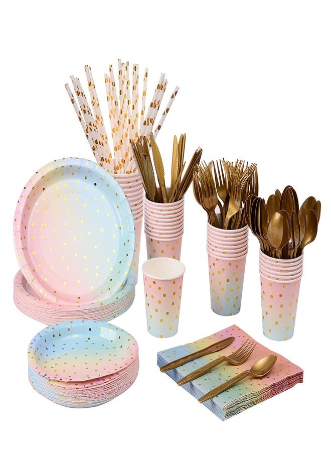 YAOSHENG 201PCS Rainbow Pastel Party Supplies Set-Disposable Paper Dinnerware Serves 25, Pastel Paper Plates Napkins Cups&Gold Plastic Silverware Sets for Wedding Birthday Baby Shower Holiday Parties - Image 1