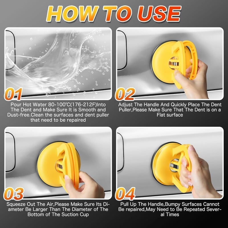 HORFUTY Car Dent Puller 3 Pack Dent Puller Powerful Car Dent Removal Kit Suction Cup Dent Puller for Car Dent Repair Dent Remover Tool for Car Body,Tiles Lifting,Objects Moving,Screen(Black+Orange) - Image 2
