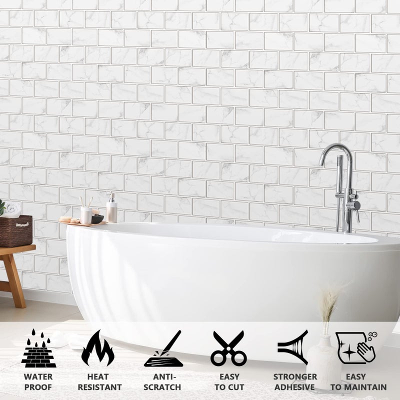 URCOLOR 10-Sheet Peel and Stick Backsplash Tile Sticker for Kitchen,12"x12" Self Adhesive Subway Wall Tiles Stick on Back Splashes for Bathroom White Marble Design - Image 3
