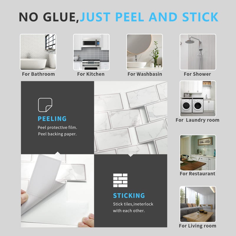 URCOLOR 10-Sheet Peel and Stick Backsplash Tile Sticker for Kitchen,12"x12" Self Adhesive Subway Wall Tiles Stick on Back Splashes for Bathroom White Marble Design - Image 5