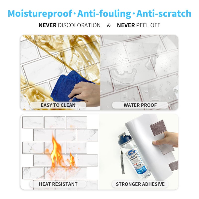 URCOLOR 10-Sheet Peel and Stick Backsplash Tile Sticker for Kitchen,12"x12" Self Adhesive Subway Wall Tiles Stick on Back Splashes for Bathroom White Marble Design - Image 4