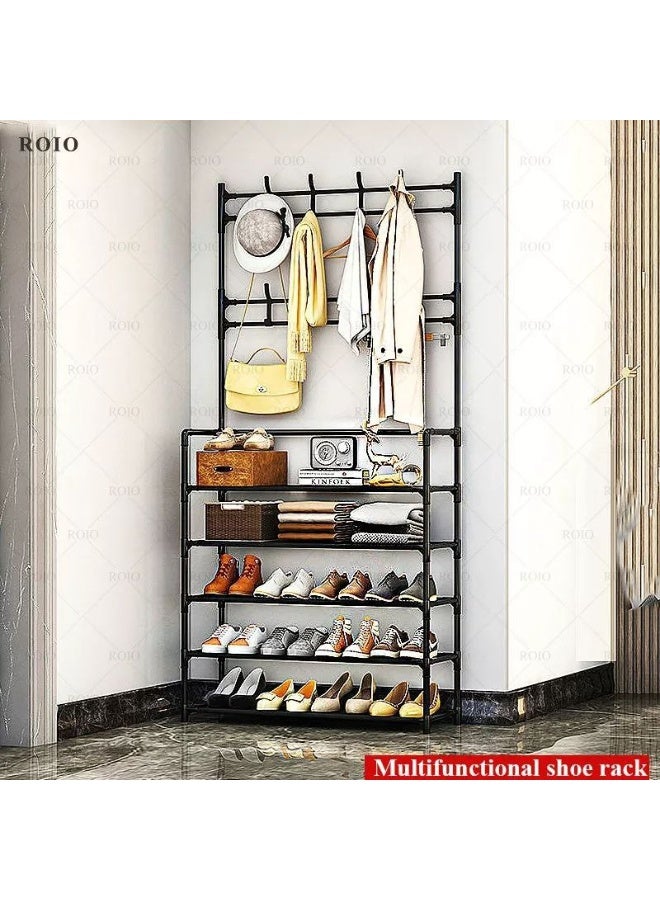 Shoe Rack Stand with 5 Shelves and Multiple Hooks for Shoes, Clothes, and Bags, Practical and Versatile Design for Entrance, Bedroom, or Wardrobe, Made of Durable and Stylish Materials - Image 1