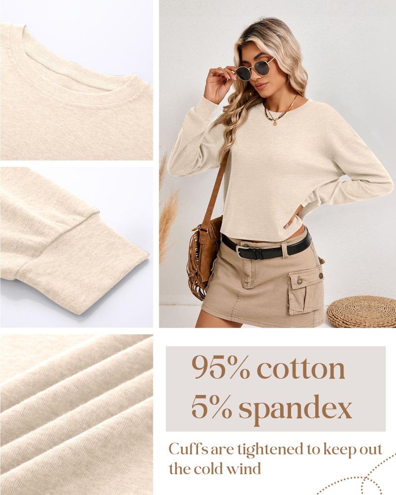 Ficerd 3 Pack Cotton Cropped Long Sleeve Tops for Women Loose Fit Crew Neck Drop Shoulder Crop T Shirts Basic Tee(Dark Brown, Coffee, Apricot,M) - Image 5