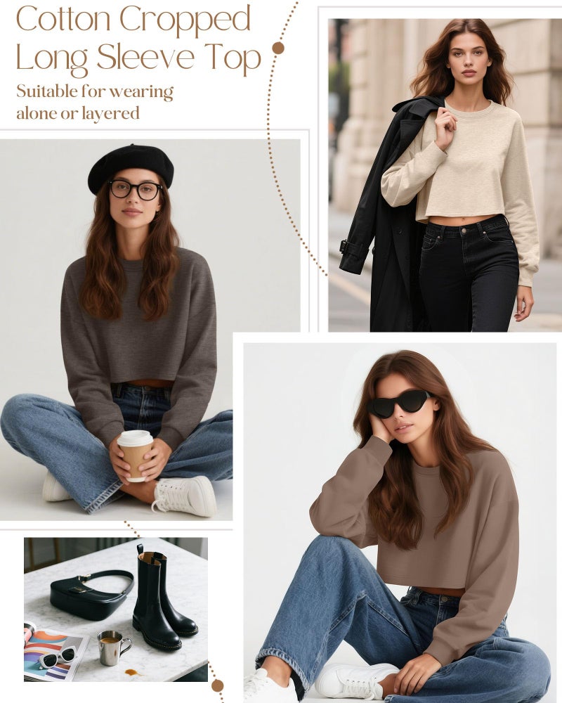 Ficerd 3 Pack Cotton Cropped Long Sleeve Tops for Women Loose Fit Crew Neck Drop Shoulder Crop T Shirts Basic Tee(Dark Brown, Coffee, Apricot,M) - Image 4