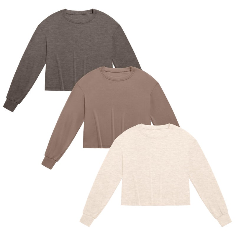 Ficerd 3 Pack Cotton Cropped Long Sleeve Tops for Women Loose Fit Crew Neck Drop Shoulder Crop T Shirts Basic Tee(Dark Brown, Coffee, Apricot,M) - Image 2