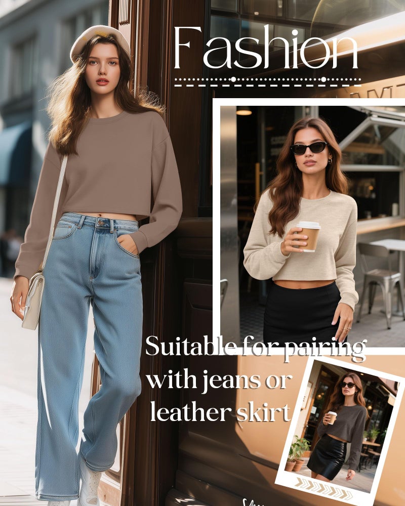 Ficerd 3 Pack Cotton Cropped Long Sleeve Tops for Women Loose Fit Crew Neck Drop Shoulder Crop T Shirts Basic Tee(Dark Brown, Coffee, Apricot,M) - Image 3