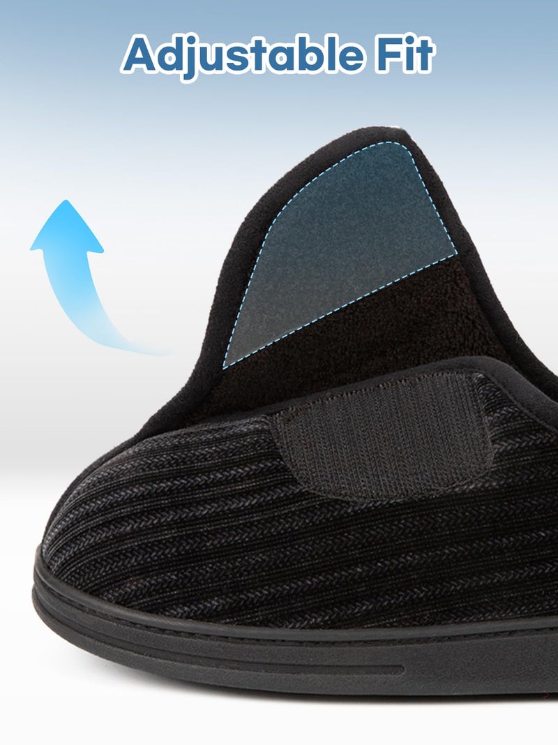 LongBay Men's Memory Foam Diabetic Slippers Comfy Warm Plush Fleece Arthritis Edema Swollen House Shoes (11, Black) - Image 4